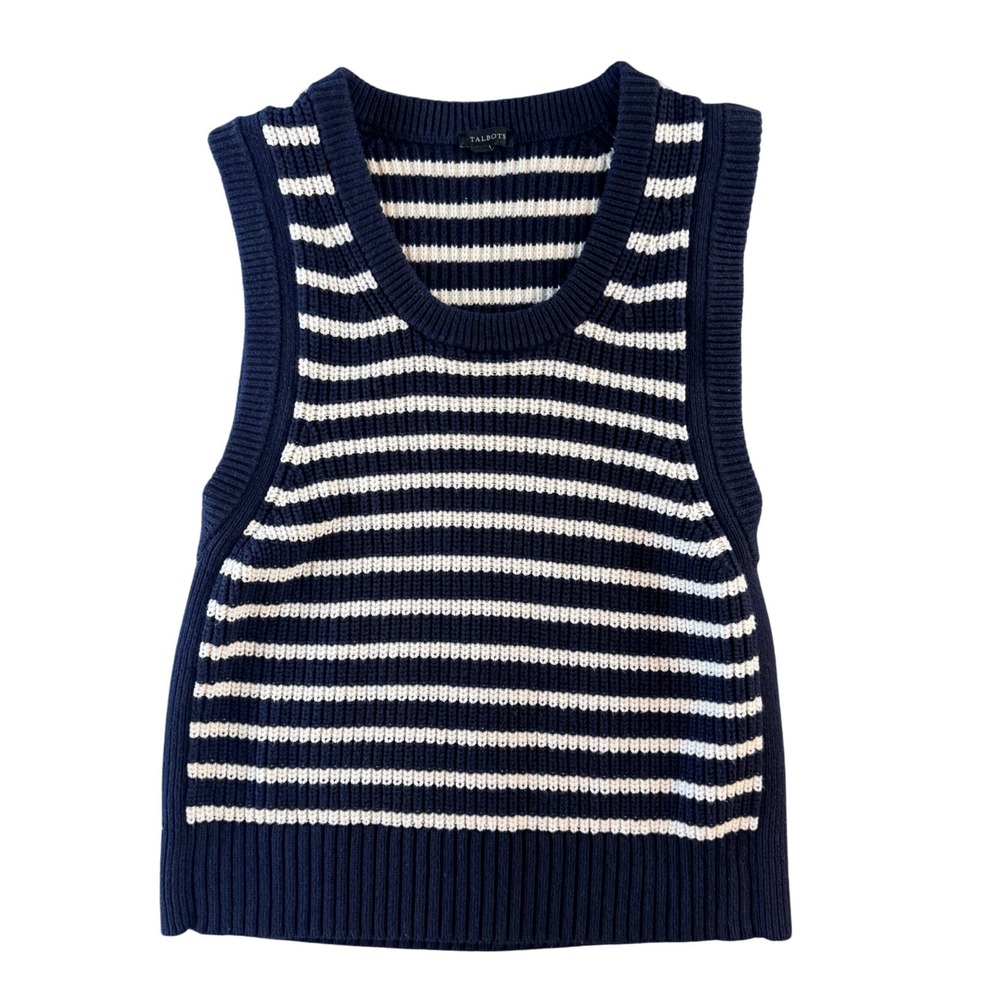 Talbots‎ Navy Blue White Striped Sleeveless Sweater Vest Cotton Blend KH5348 S